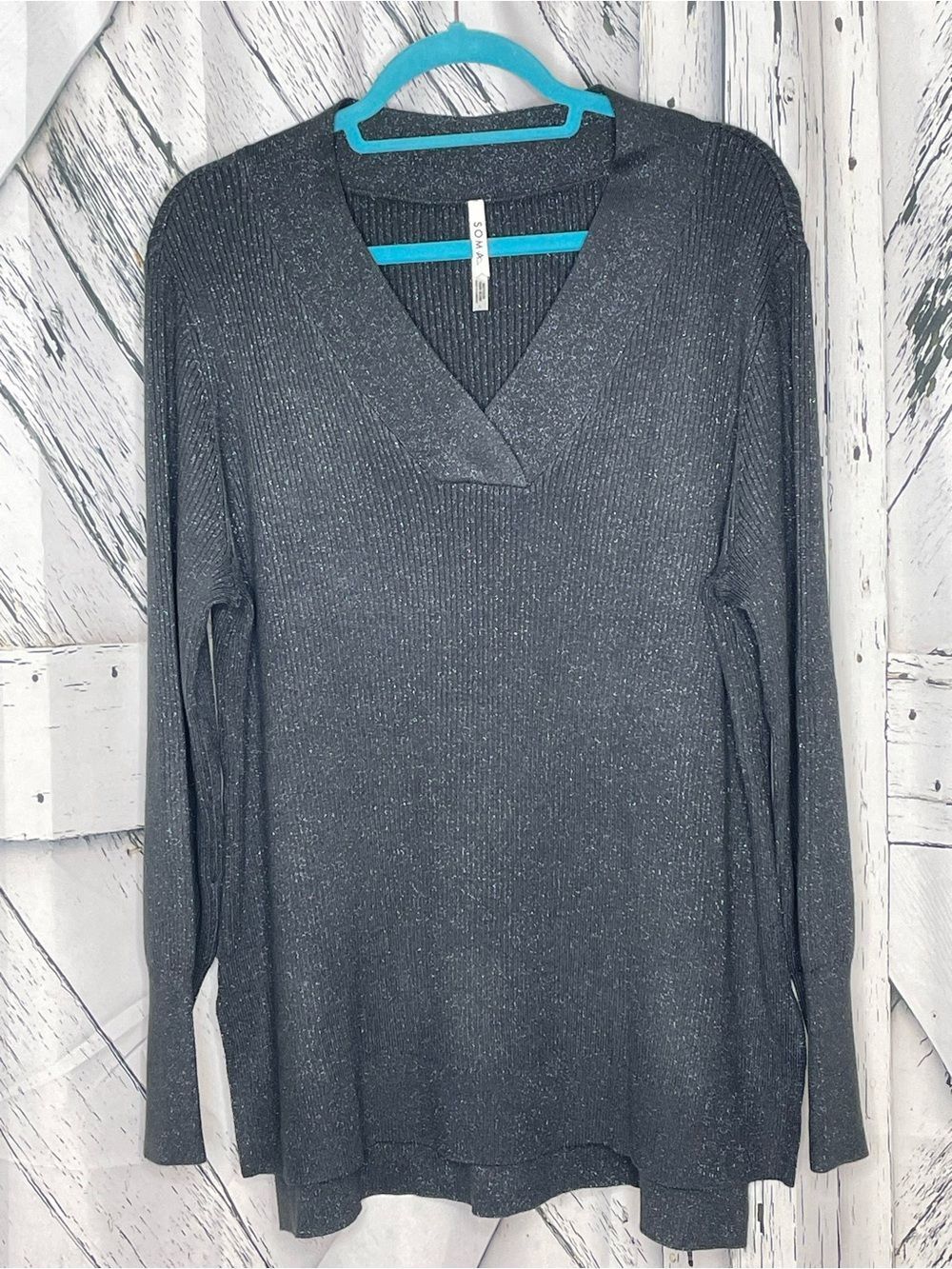 Soma Metallic Detail V-Neck Sweater Tunic Gray L